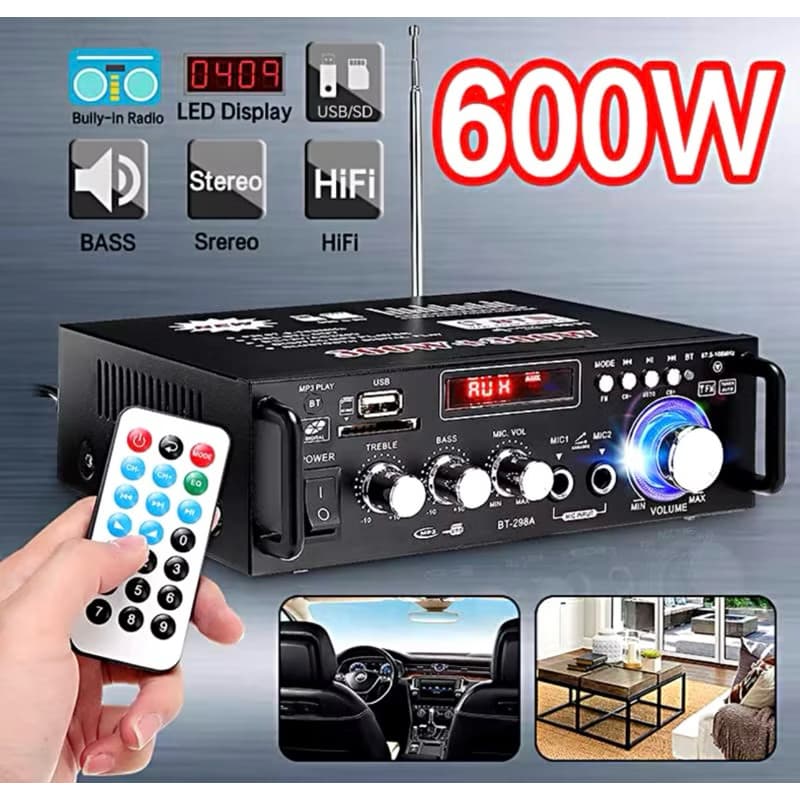 Potente Amplificador 220v Bass 600W Bluetooth USB FM FM AUX SD Karaoke controle remoto Home Cinema