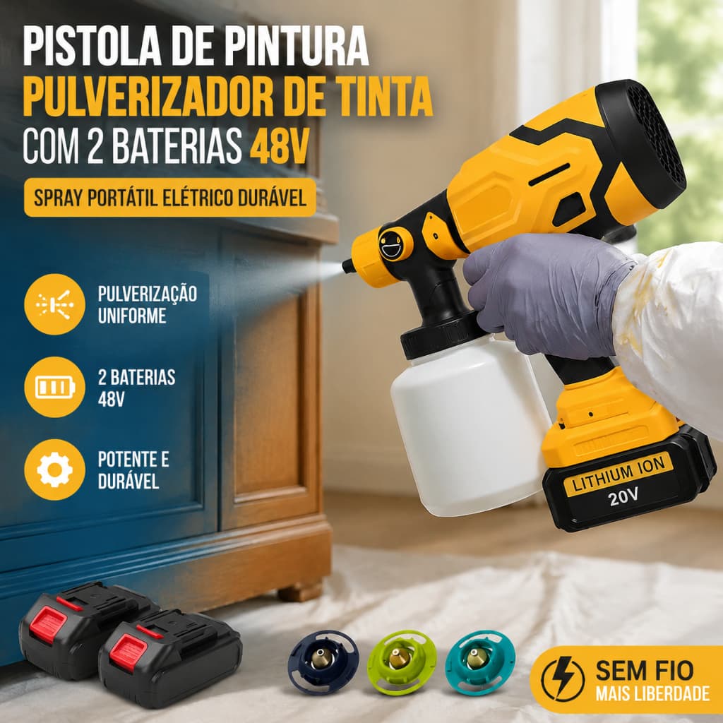 Pistola de Pintura Pulverizador de Tinta Com 2 Baterias 48v Spray Portátil Elétrico Durável
