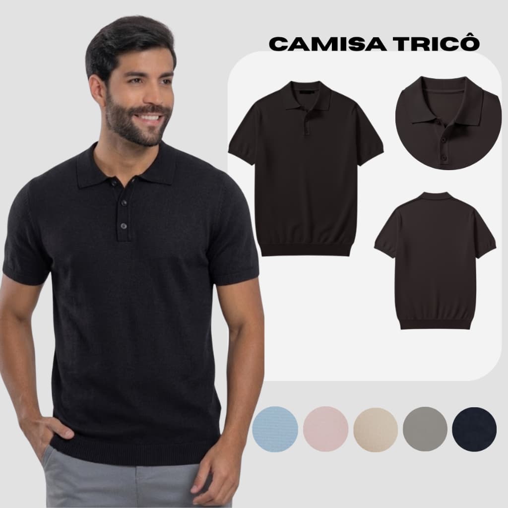 Camisa Polo Preta Masculina com Botões Trico Resistente Respirável Conforto