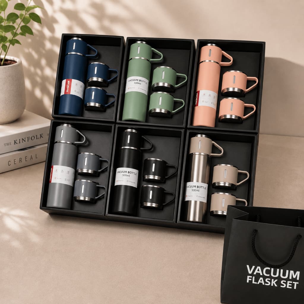Kit Garrafa Térmica 3 Xícaras 500ml  Vacuum Café Água Compacto Antivazamento Bebidas Quentes Geladas