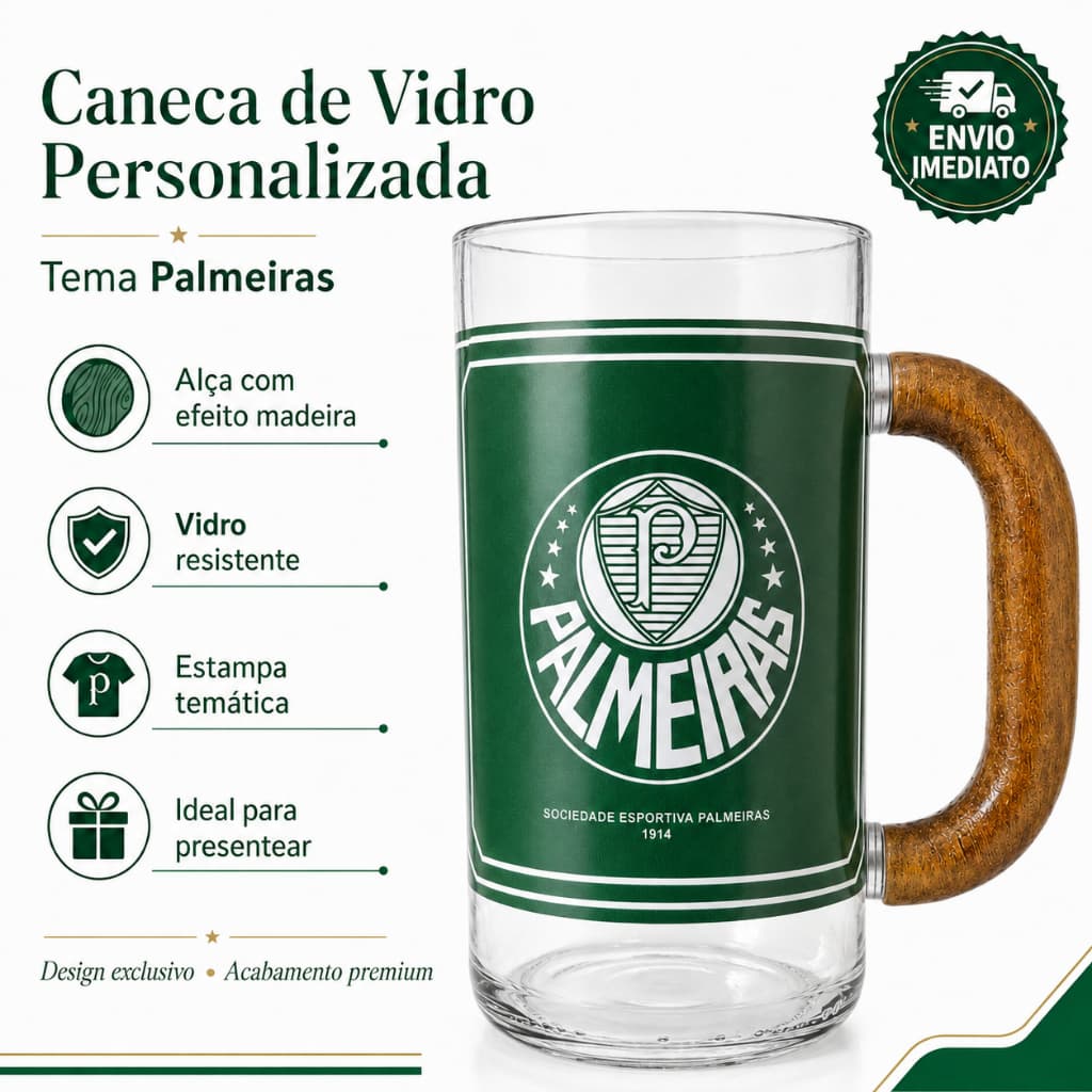 Caneca De Vidro Personalizada Tema Palmeiras Alca Efeito Madeira Premium Top Envio Imediato