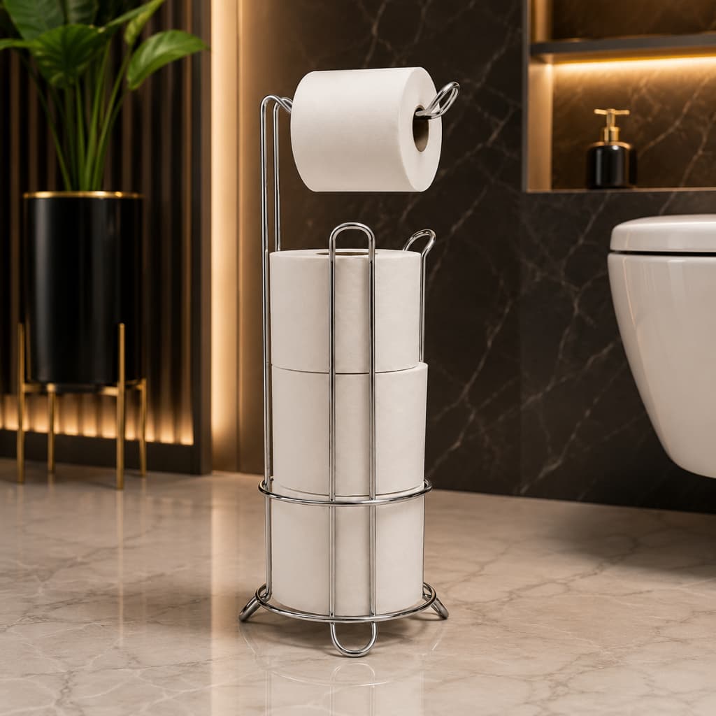 Porta Papel Higiênico De Chão Organizador 4 Rolos Banheiro Aramado Preto Porta Rolos Moderno Compacto Multiuso