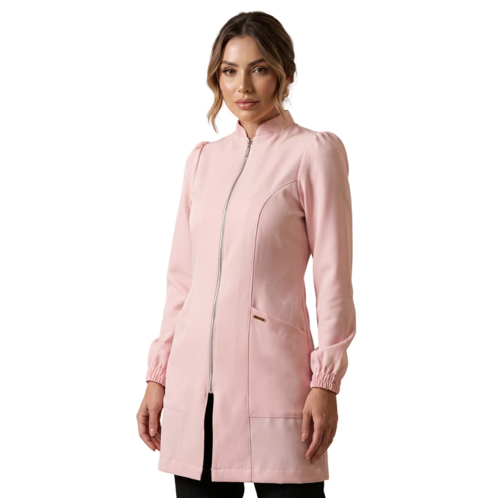 Jaleco Rosa Feminino Acinturado Manga Bufante Princesa Gabardine Premium Jaleco Art