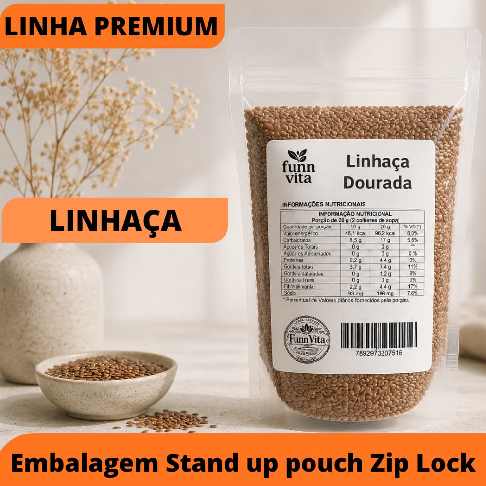 LINHA PREMIUM SEMENTE DE LINHAÇA 100% NATURAL EMBALAGEM REFORÇADA STAND UP ZIP LOCK
