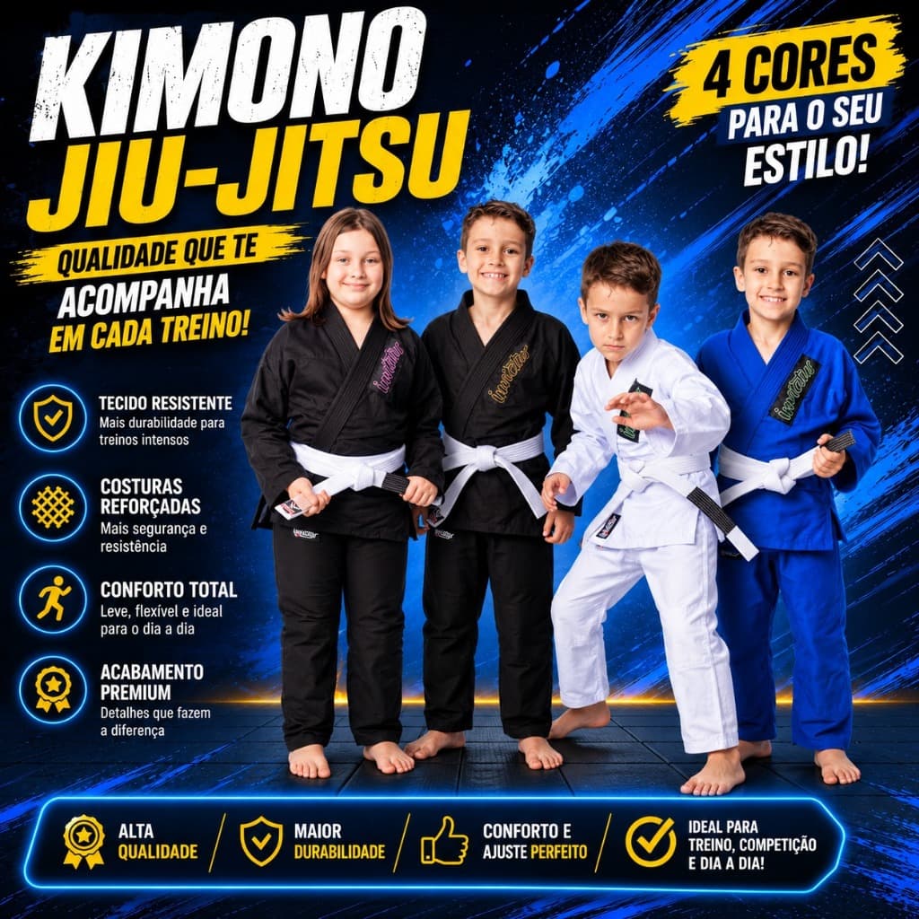 Kimono de Jiu Jitsu Infantil Preto Branco ou Azul kids Refoçado Judô Dobok Treino ENVIO JÁ!