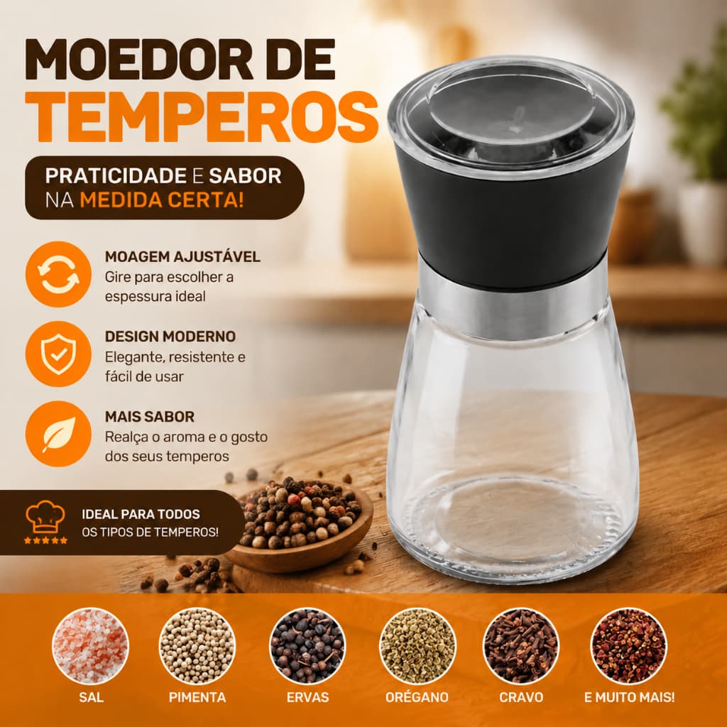 Moedor De Temperos Especiarias Pimenta Sal De Vidro Inox Cerâmica PREMIUM