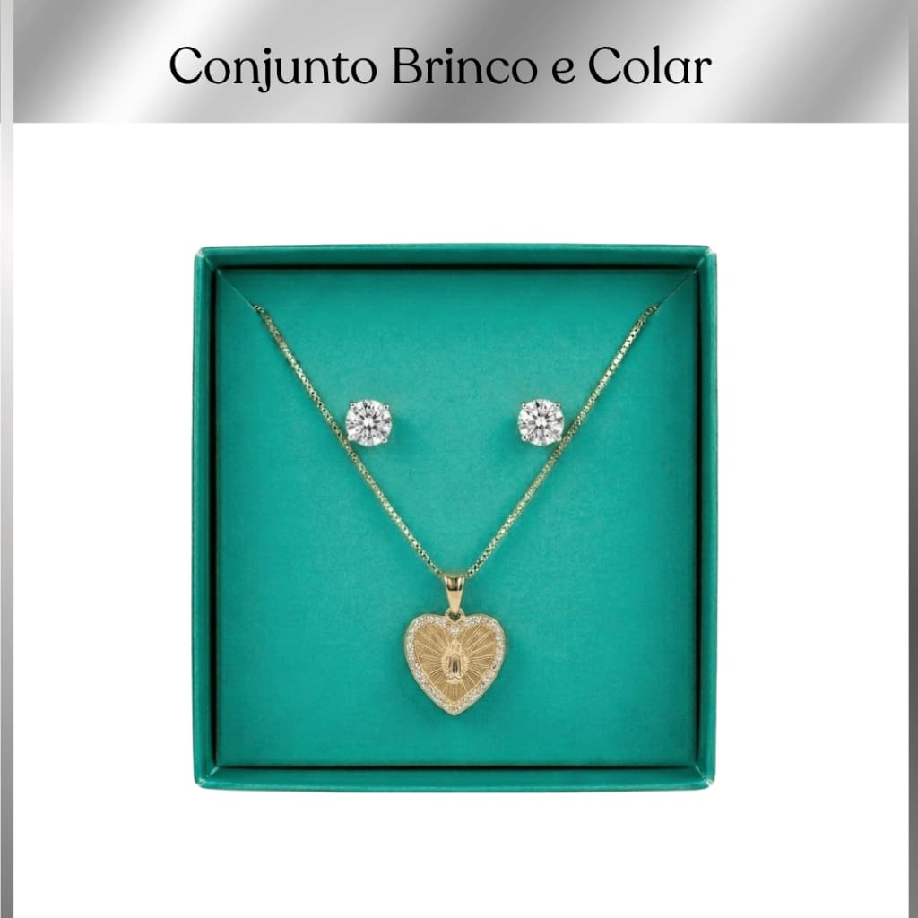 Conjunto Colar Coração Dourado Brincos Ponto Luz Feminino Elegante Presente Moda Luxo