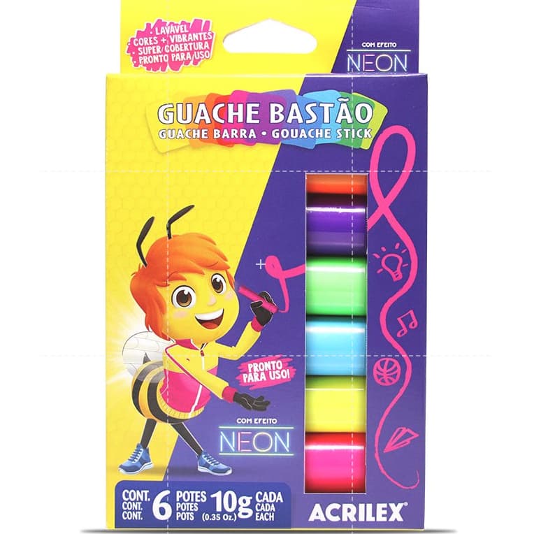 Tinta Guache Em Bastão Neon C/ 6 Cores Escolar - Acrilex