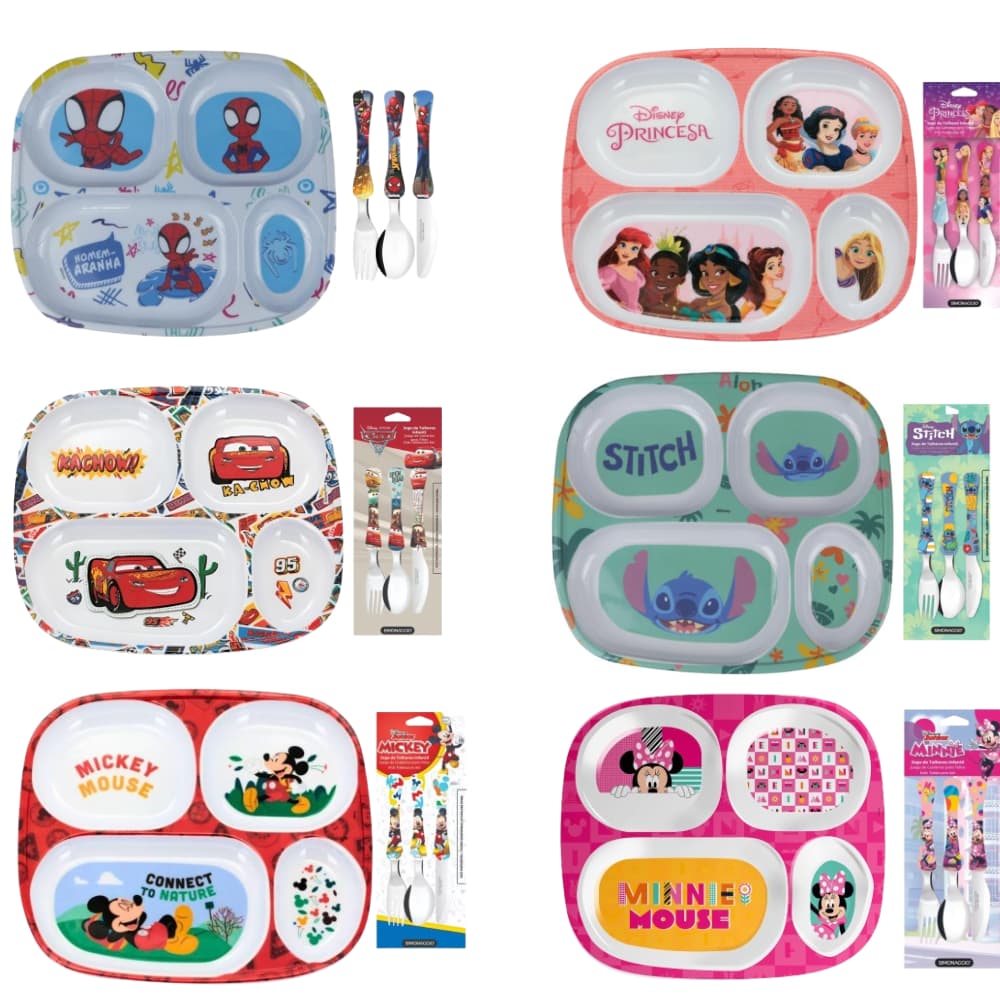 Kit Infantil Personagens 2 Peças | Prato com Divisórias e Talheres