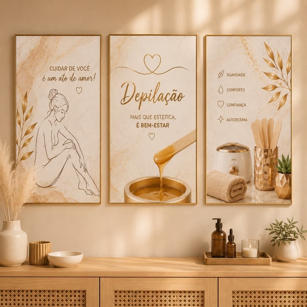 Kit Quadro Decorativo Depilação 3 Peças Estética Salão Beleza Clínica Spa Rose Gold