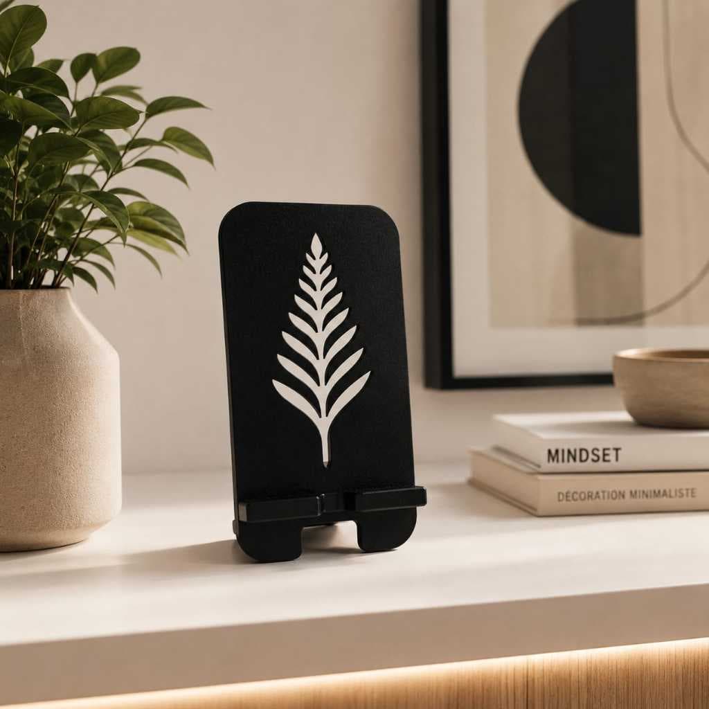 Suporte para Celular Design Zen Folha | Porta Smartphone de Mesa Decorativo para Home Office 14,5x7,5cm
