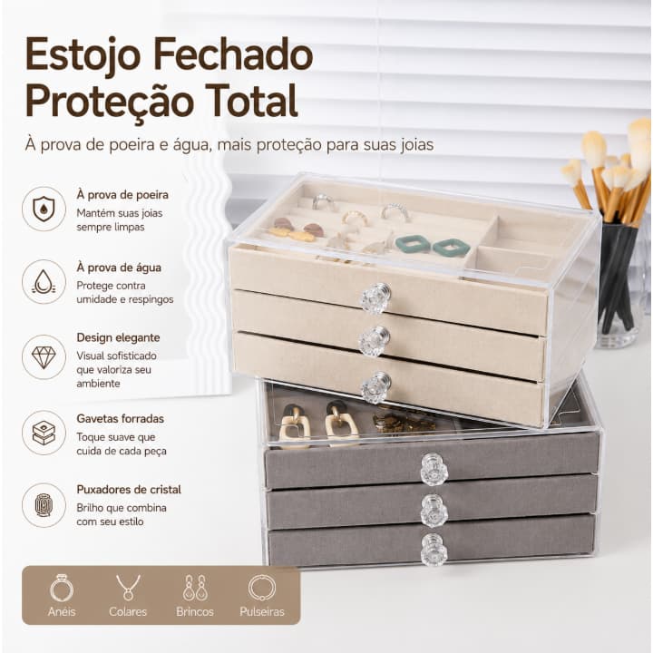 Organizador de Joias MDF Revestido 3 Andares para Anéis Colares e Brincos