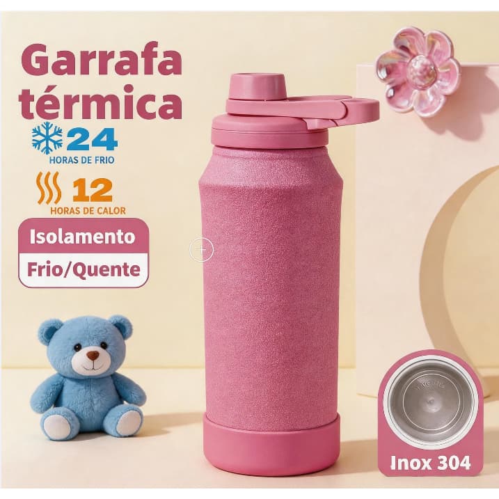 Variedades: Garrafa Térmica Inox com Alça 650ml/850ml, Bolsa Porta-Garrafa Impermeável Vários Bolsos Alça Ajustável