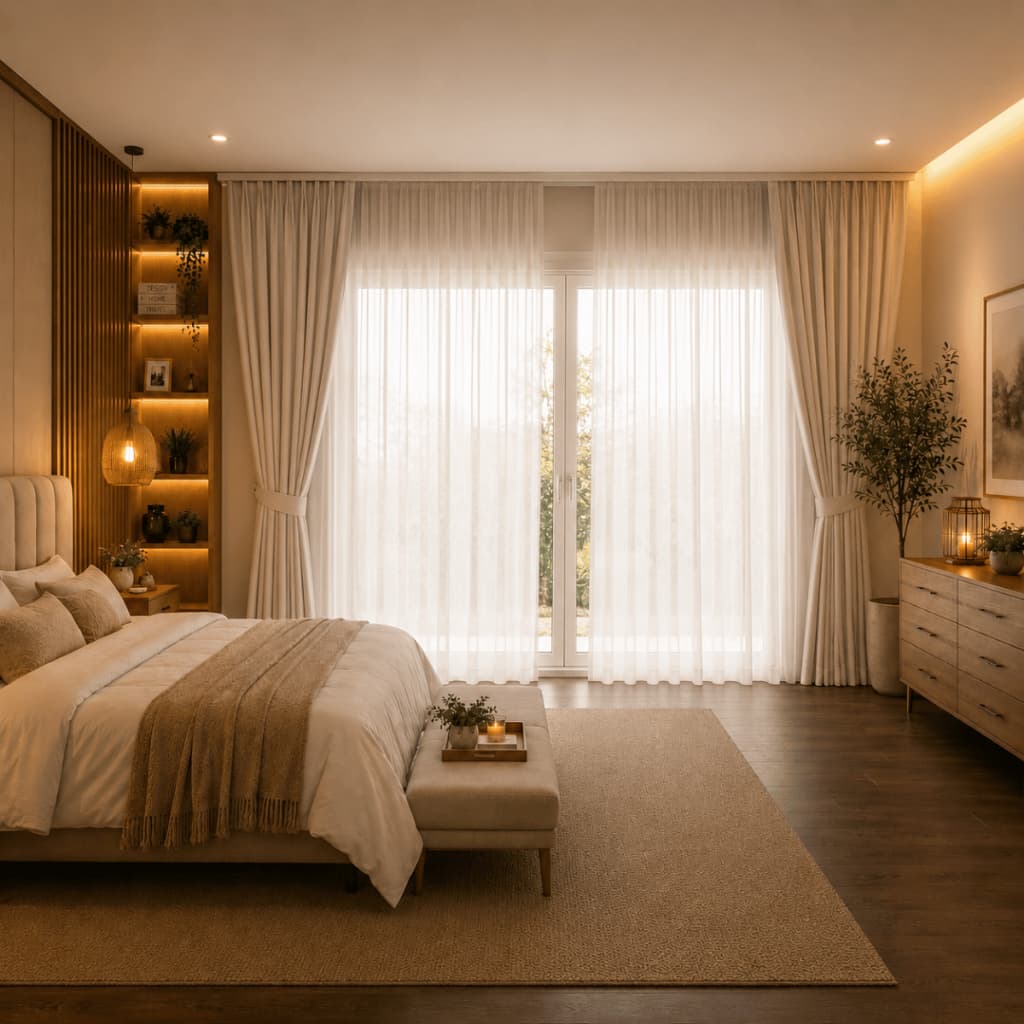 Cortina Para Sala E Quarto Trilho Suíço Duplo Elegante Forro Microfibra Com Voil Flamê 7 Metros