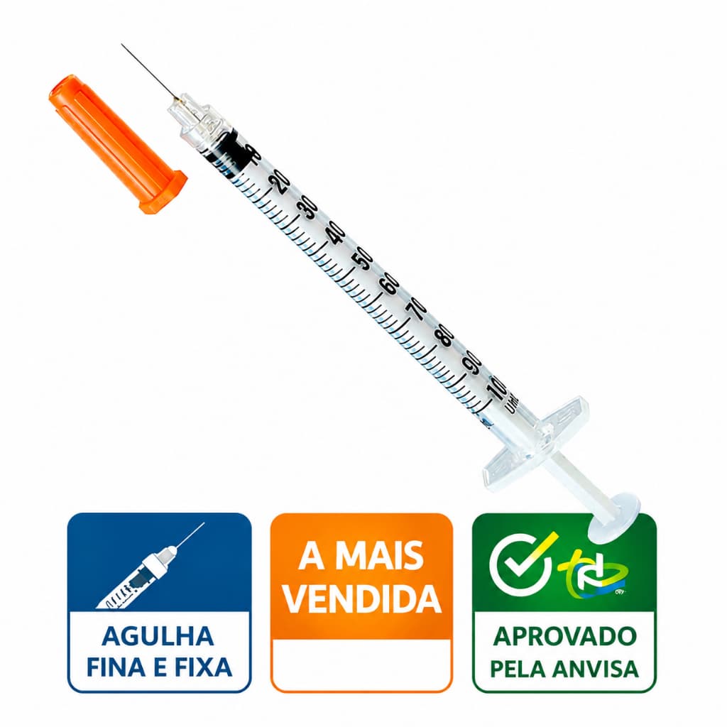 Seringa De Insulina Fina e Fixa Zero Resíduo 5,10 e 20 Unidades 6mmx0,25mm 1ML 100Ui
