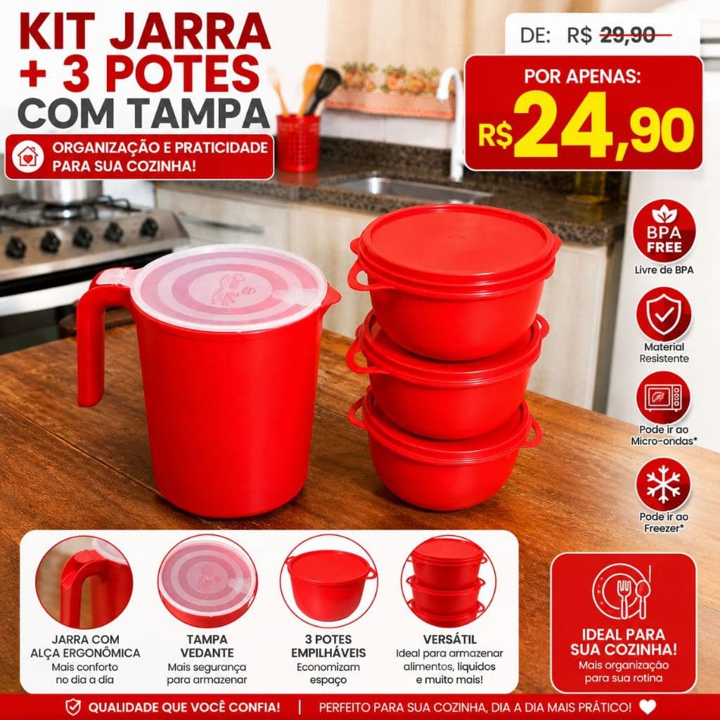 Kit Jarra plástico 1,8 Litros + 3 Potes 500ml com Tampa Hermética  | Organizador de Cozinha Multiuso