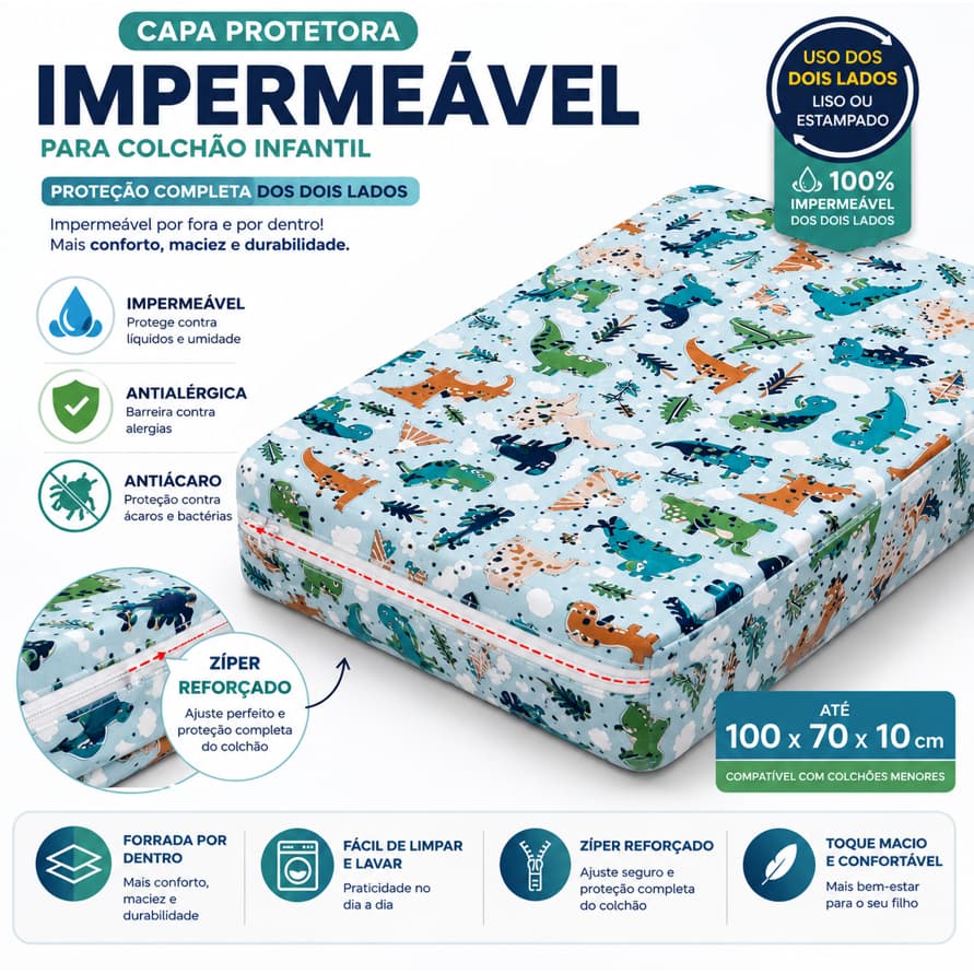 Capa Protetora Impermeável para Colchão Infantil Berço Mini Cama 100x70x10 Antiácaro Antialérgica Premium Fácil Limpeza