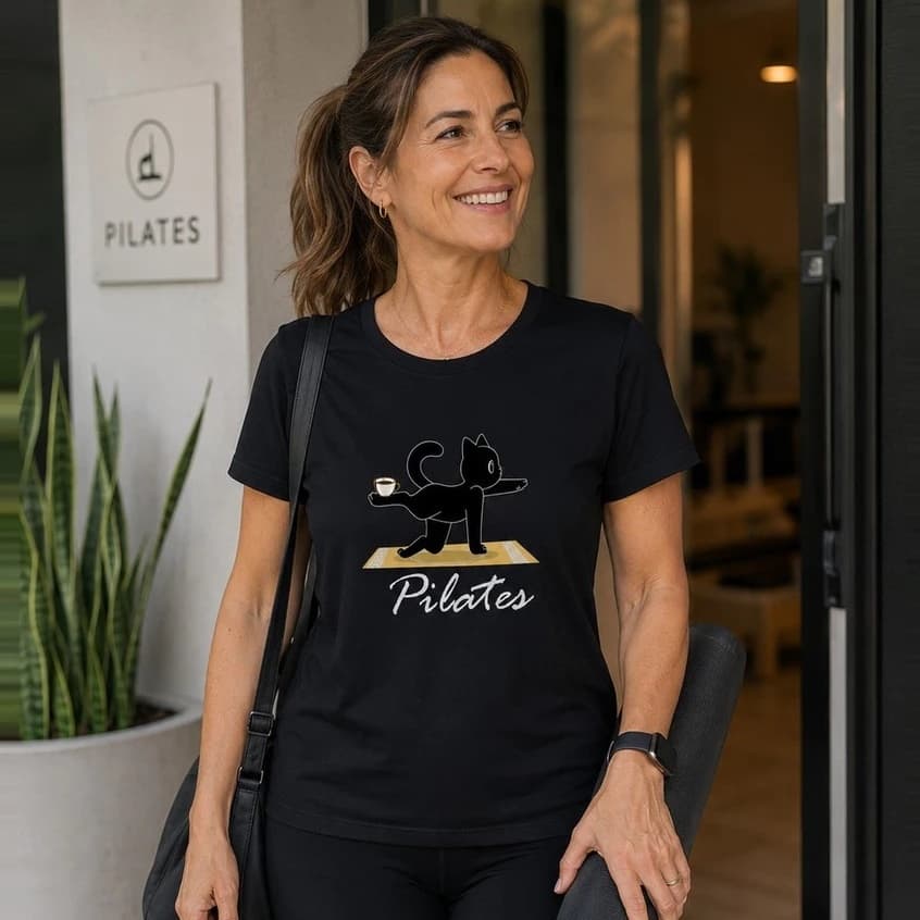 Camiseta Feminina Cartoon Estilosa Pilates Gatinho - 100% - Algodão DTF Premium