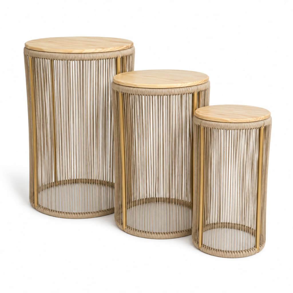 Trio Cilindros Decorativos Fibra Sintética Tampo Pinus Festa Decoração Sala