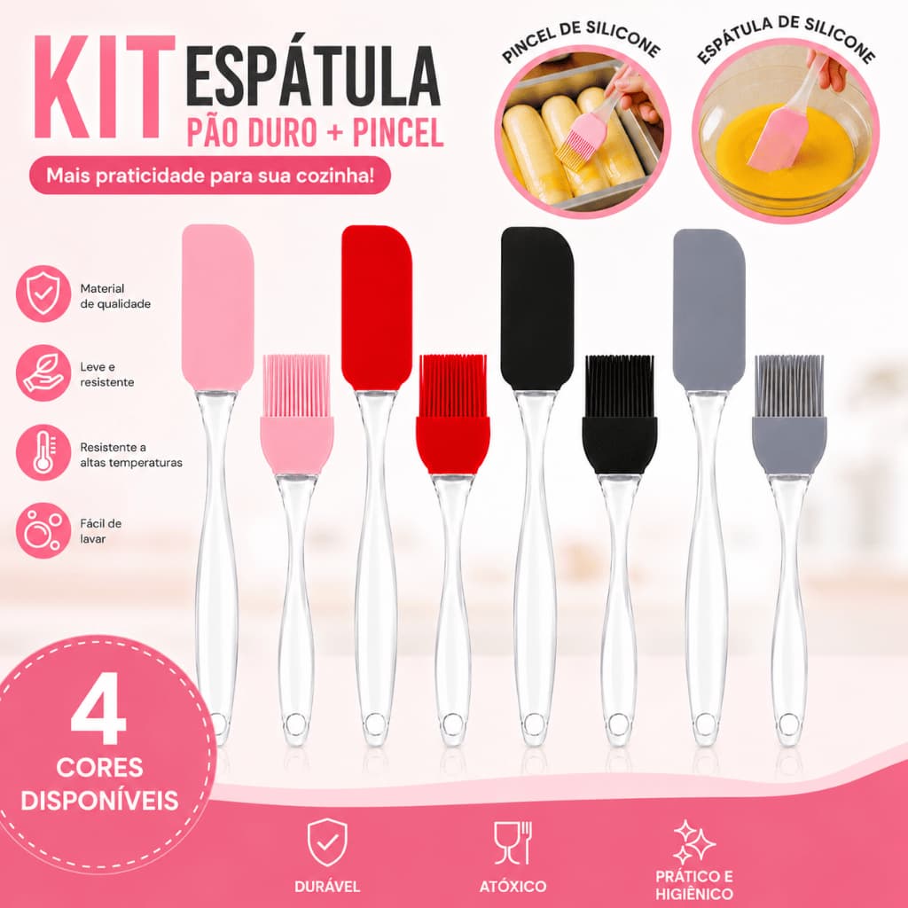 Kit Cozinha Silicone Espátula Flexível E Pincel Culinário