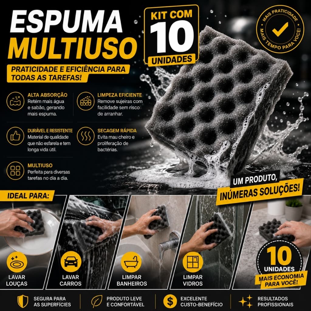 KIT 10 ESPUMAS MULTIUSO CASCA DE OVO – LIMPEZA PROFUNDA SEM RISCAR | ALTA ABSORÇÃO | USO DOMÉSTICO E AUTOMOTIVO
