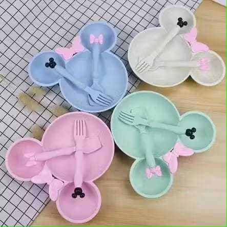 Prato Infantil Minnie Mickey Colorido Com Divisórias + Talheres Plástico Orgânico Ecológico Crianças