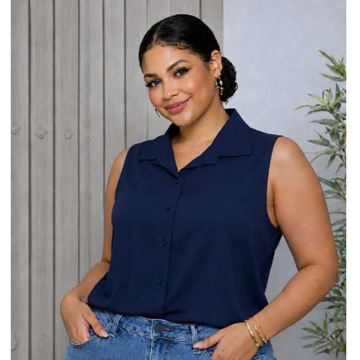 Regata Feminina Viscolinho Plus Size Lisa Gola Colarinho Confortável