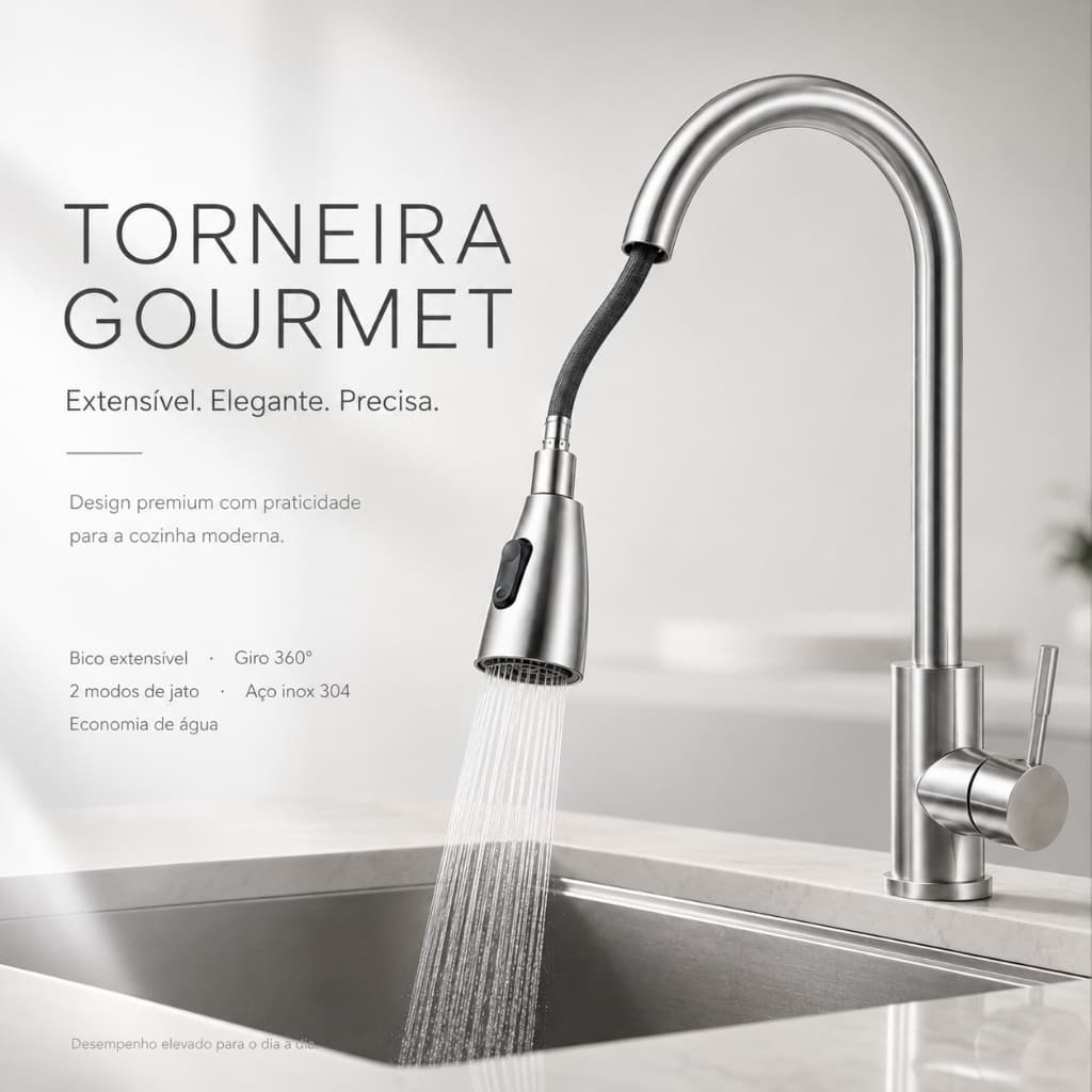 Torneira Gourmet para Cozinha Prata 360° com Ducha Extensível Água Quente e Fria
