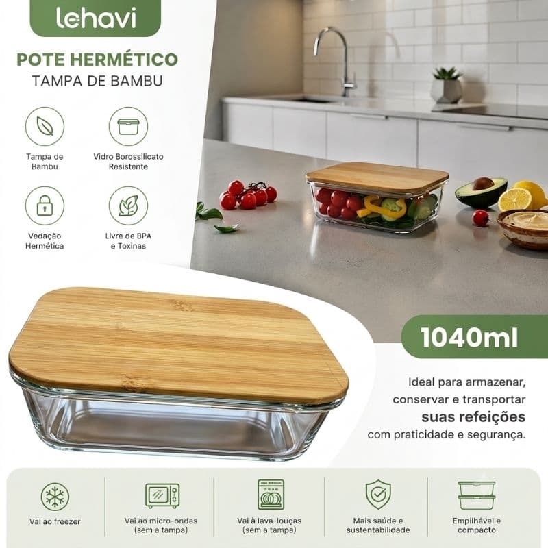 Pote Vidro Hermética Lehavi Marmita Tampa de Bambu 1040ml