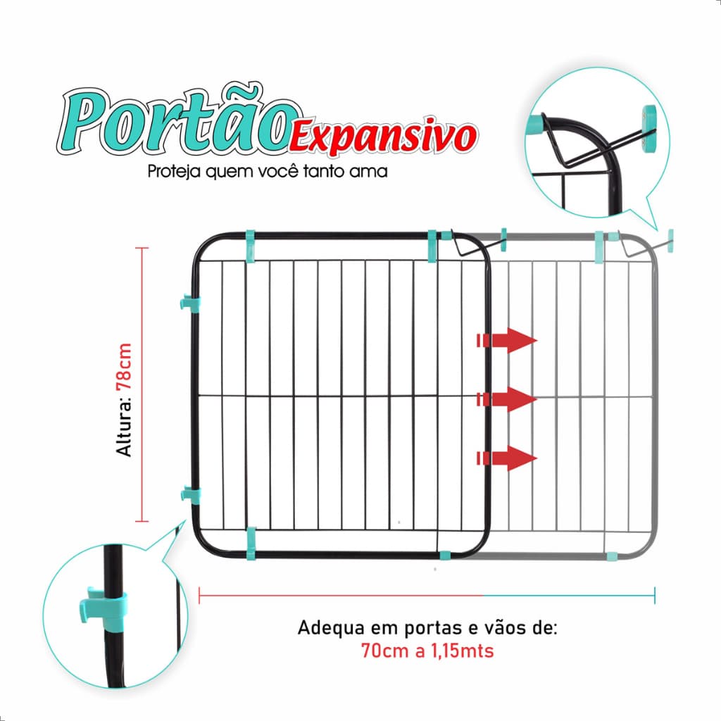 Portão Expansivo Preto Pet util Proteção para Crianças e Pets com Abertura Bidirecional 70cm a 115cm