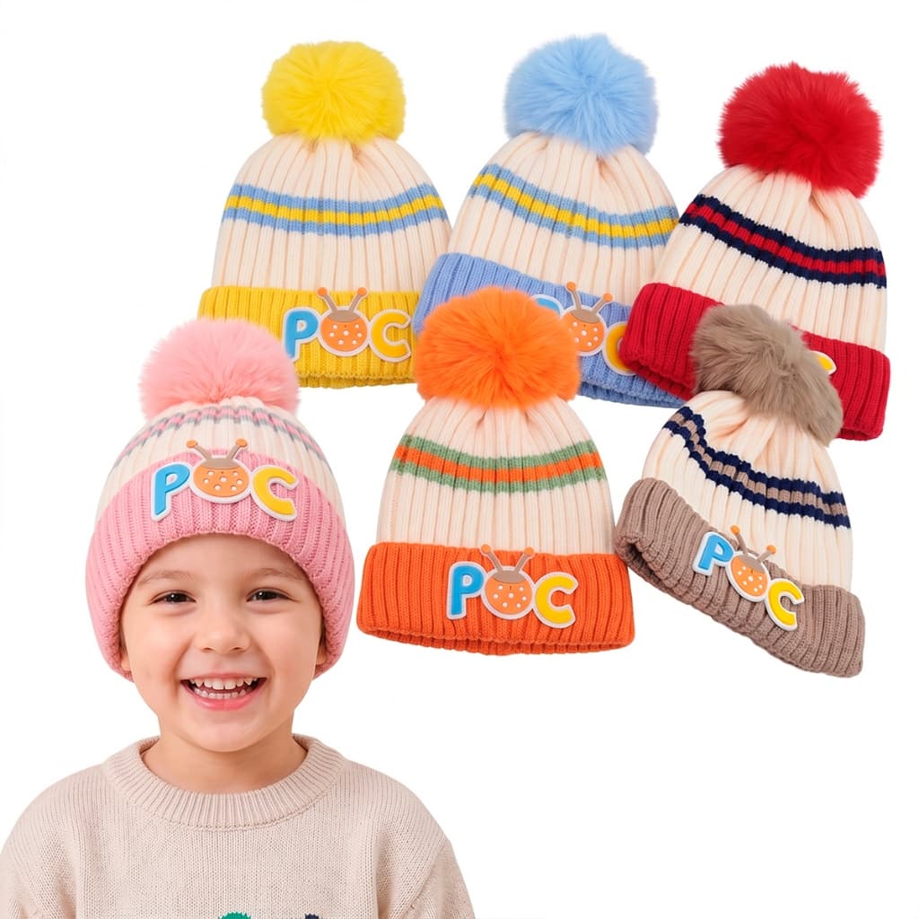Touca Infantil Listrada Pompom Forrada Térmica Inverno Gorro Criança Menino Menina Quentinha