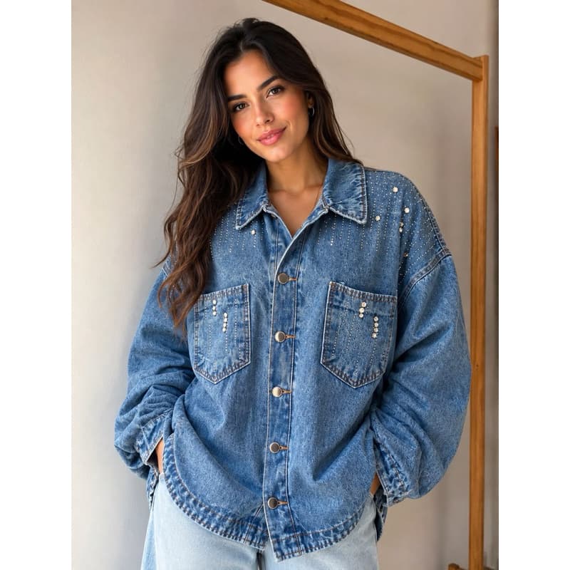 Jaqueta Jeans Oversized com Aplicação de Brilhos Feminina – Moderna e Estilosa