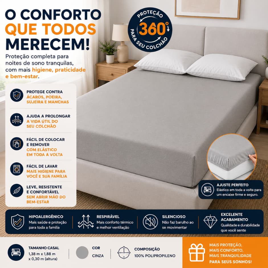 Capa Protetora Colchao Casal Resistente Impermeavel Anti Poeira Antialergica Cinza