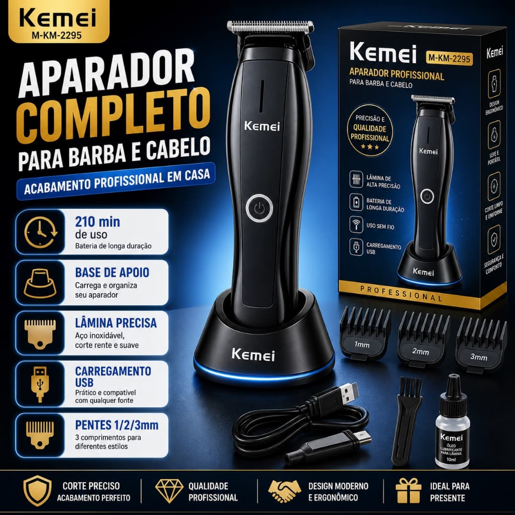 Kemei KM-2295 Aparador de Cabelo Profissional Sem Fio Recarregável USB com Base e Lâmina T