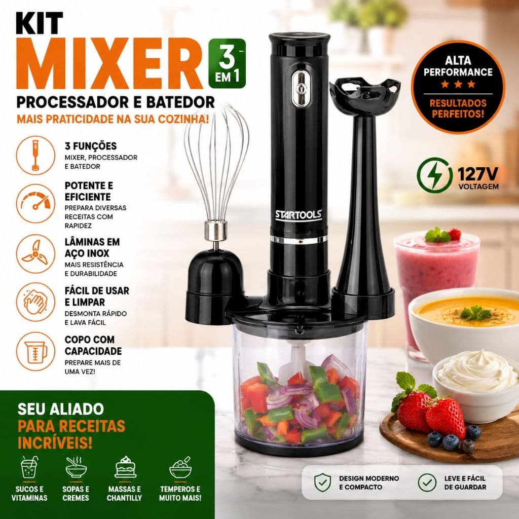 Kit Mixer Processador Batedor Alimentos 3 Em 1 Potente Pratico Facil Uso 127V Sortido