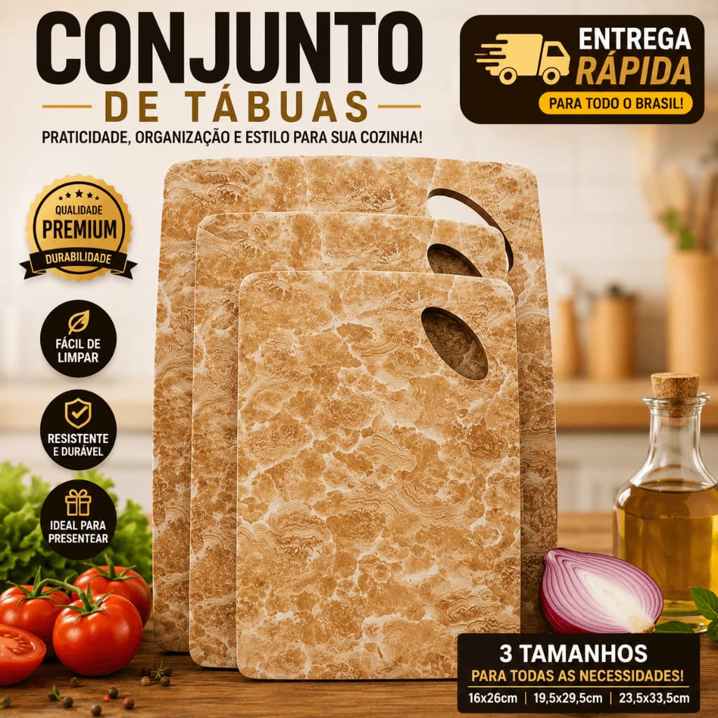 Kit Três Tábuas Corte Retangulares Resistentes Multiuso Cozinha Prática