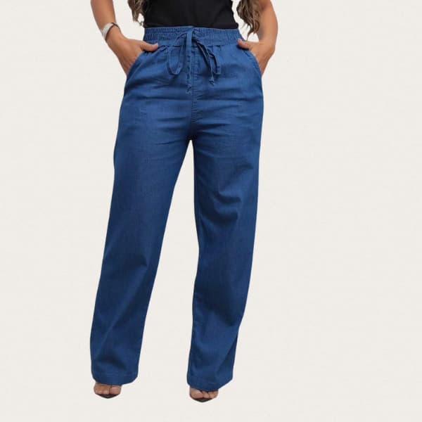 Calça Jeans Pantalona Feminina Soltinha Cintura Alta Elástico Cintura Design Moderno Versatil