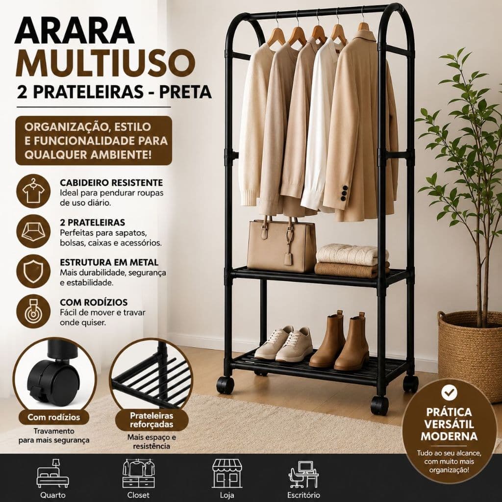 Arara Multiuso 2 Prateleiras Preta | Organizador de Roupas com Cabideiro e Prateleiras