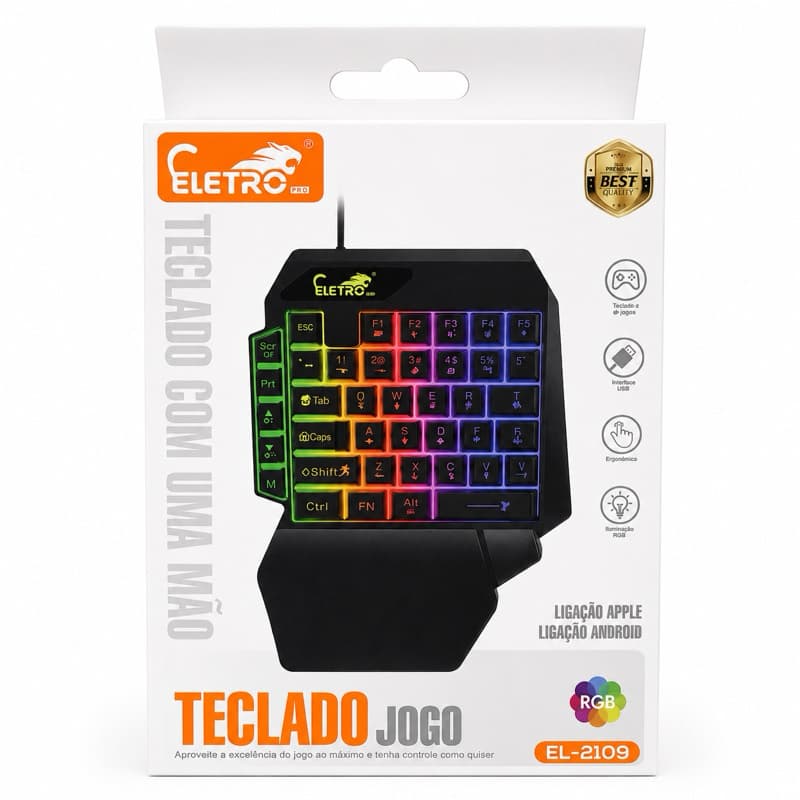 Teclado Gamer Semimecânico uma mão RGB Eletromex EL-2109 USB preto.