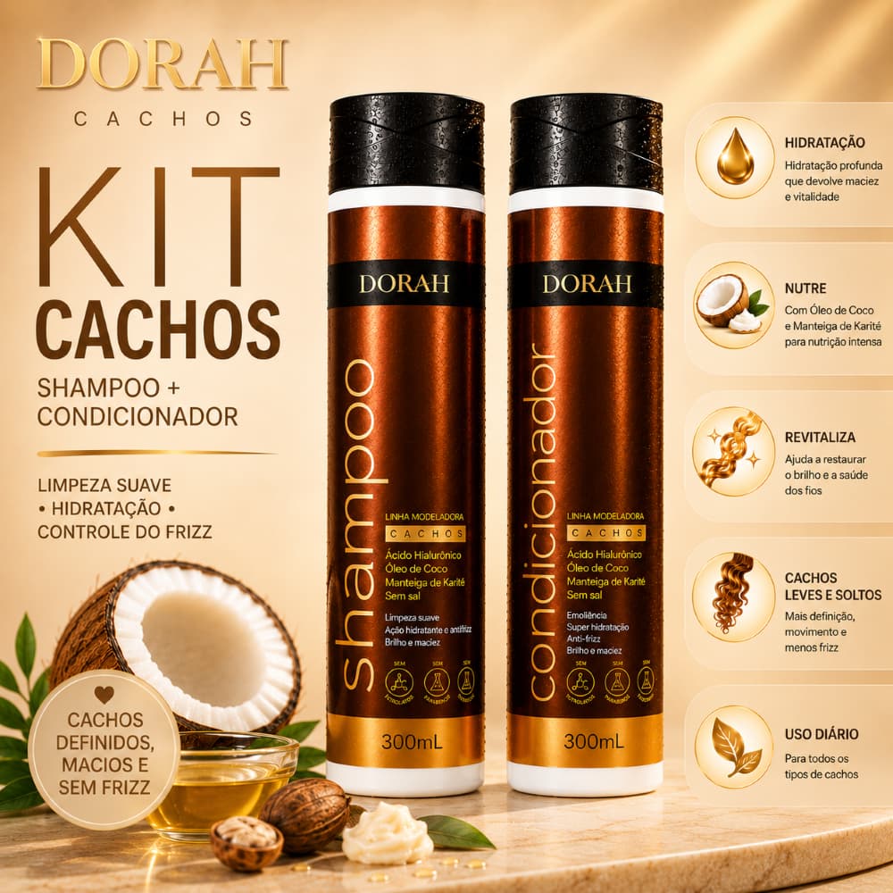 Kit Shampoo e Condicionador Cachos Dorah - Hidratação Anti-Frizz Coco e Karité