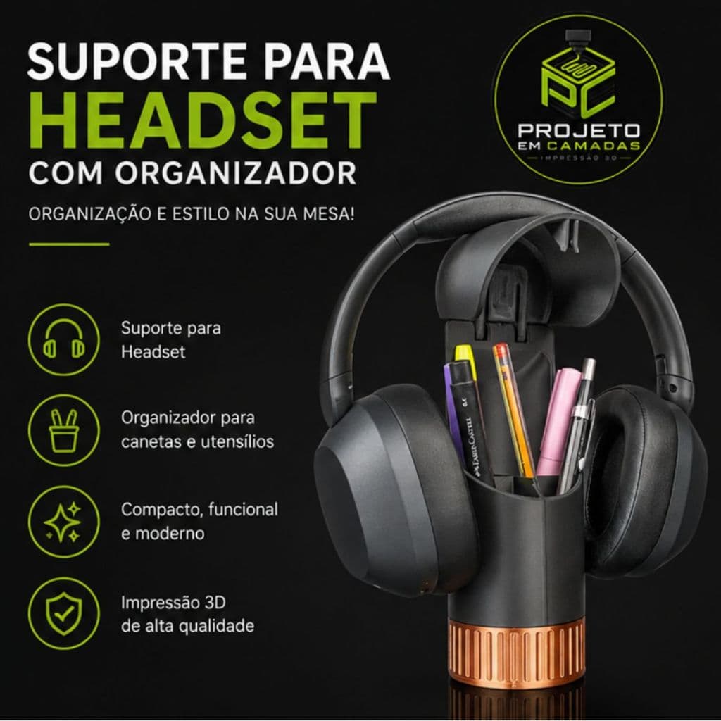 Suporte para Headset com Organizador de Mesa Porta Canetas Impressão 3D Gamer Home Office