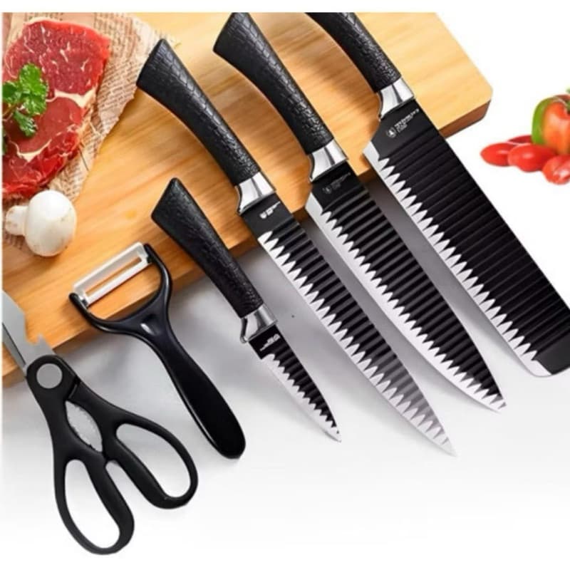 Kit Facas Cozinha 6 Peças Aço Inox Antiaderente Com Tesoura e Descascador