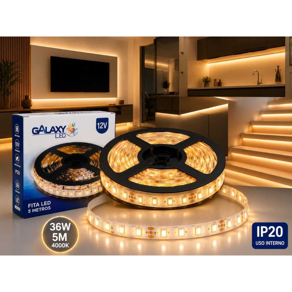 Fita LED 36W 12V 5 Metros IP20 4000K – Luz Neutra para Iluminação Decorativa