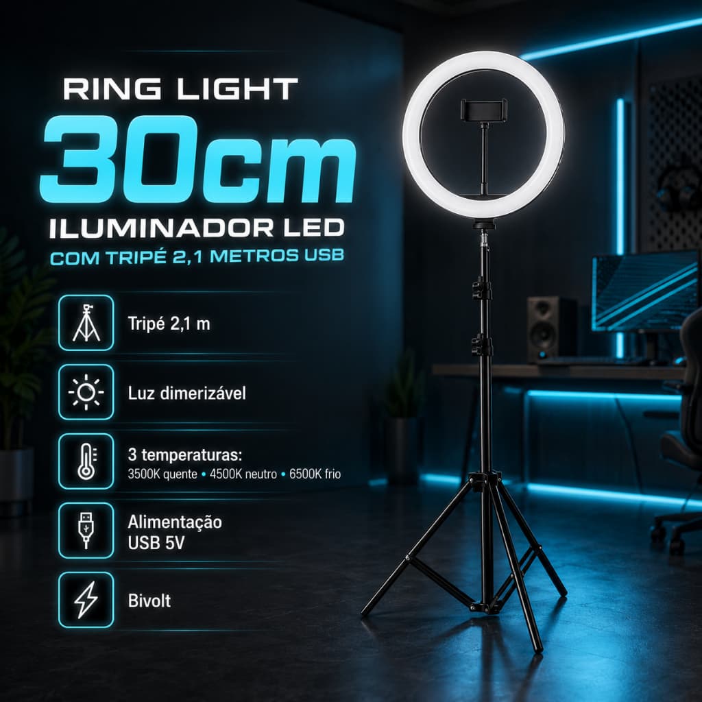 Ring Light 12" 30cm LED com Tripé 2,1m Suporte para Celular USB Iluminação Fotos Vídeos