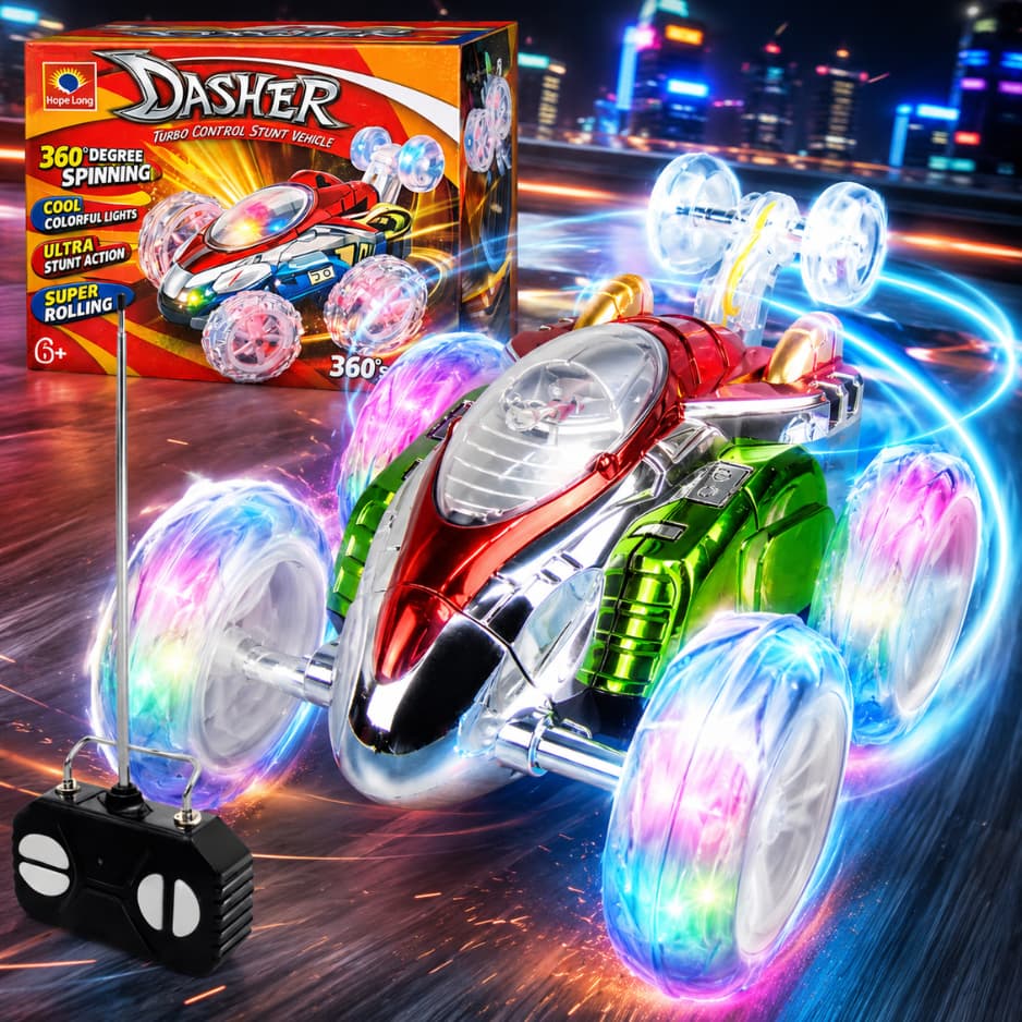 Carrinho De Controle Remoto Carro Maluco Dasher Gira 360º Com Luzes Led Brinquedo Colorido Infantil