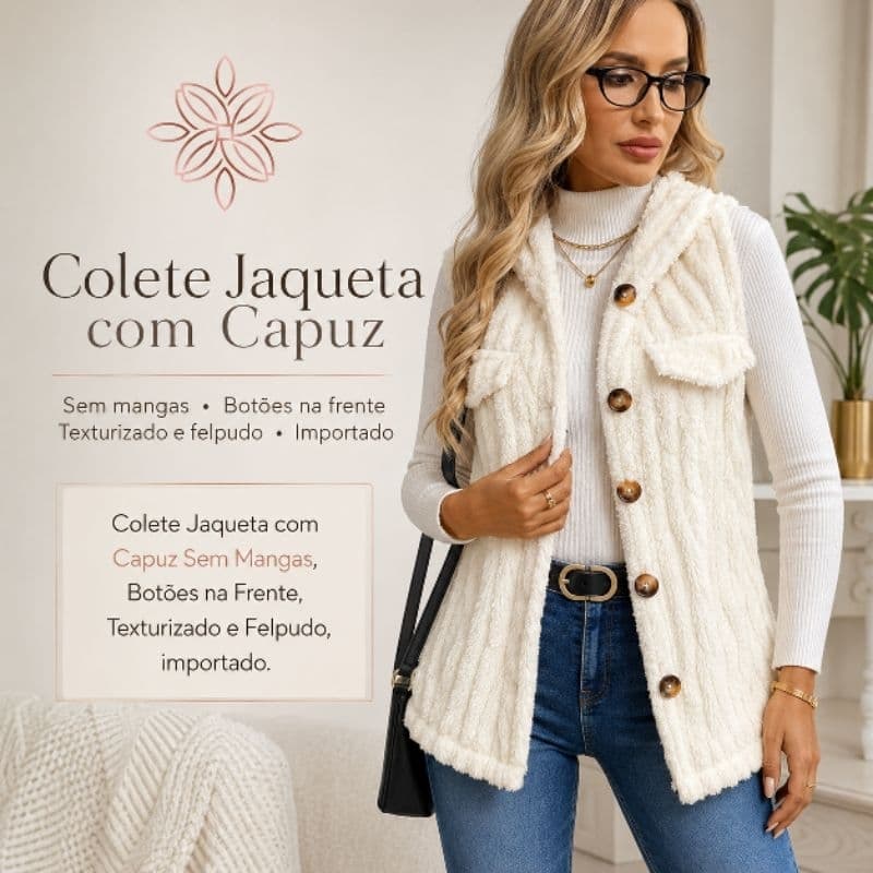 Colete Jaqueta Feminino - Pelúcia com Capuz, Sem Mangas e Botões - Outono/Inverno