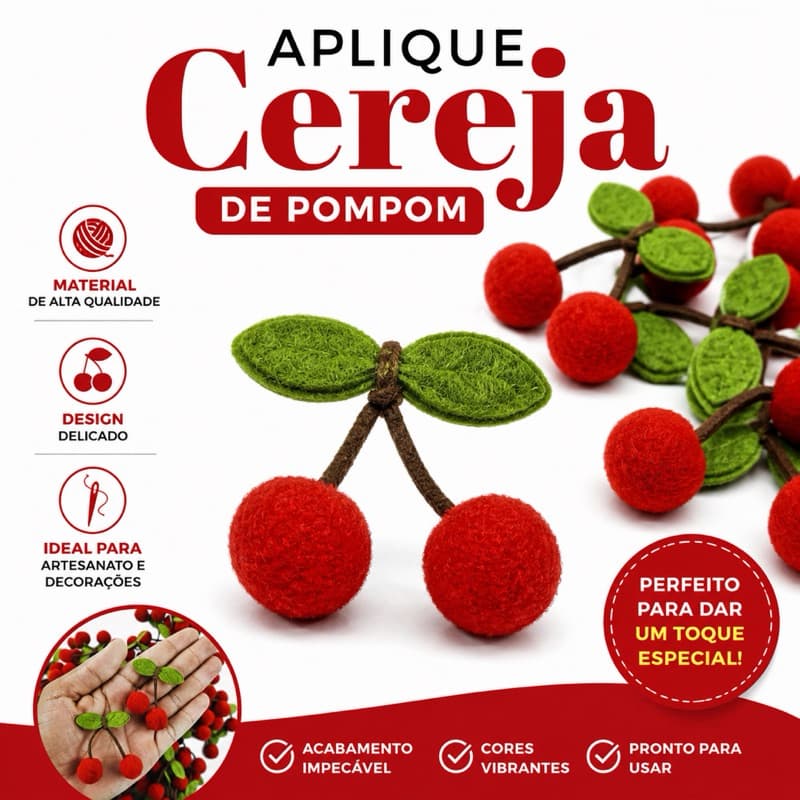 Aplique cereja Pompom 10und e 100und em poliéster