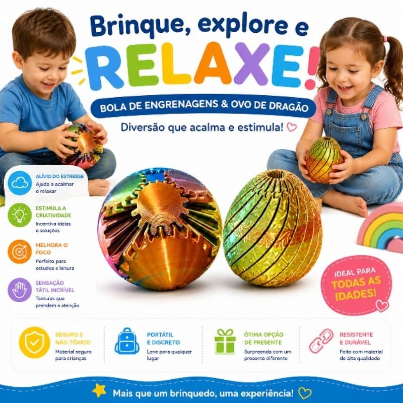 Kit Brinquedos Sensoriais Bola de Engrenagens + Ovo de Dragão Antiestresse Fidget Colorido para Crianças e Adultos