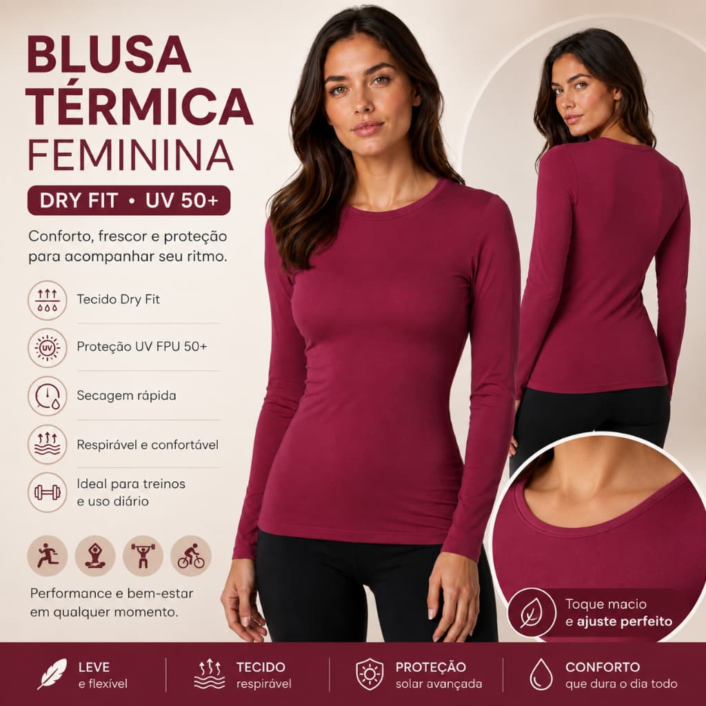 Blusa Térmica Feminina Segunda Pele Térmica Manga Longa com Proteção UV50+