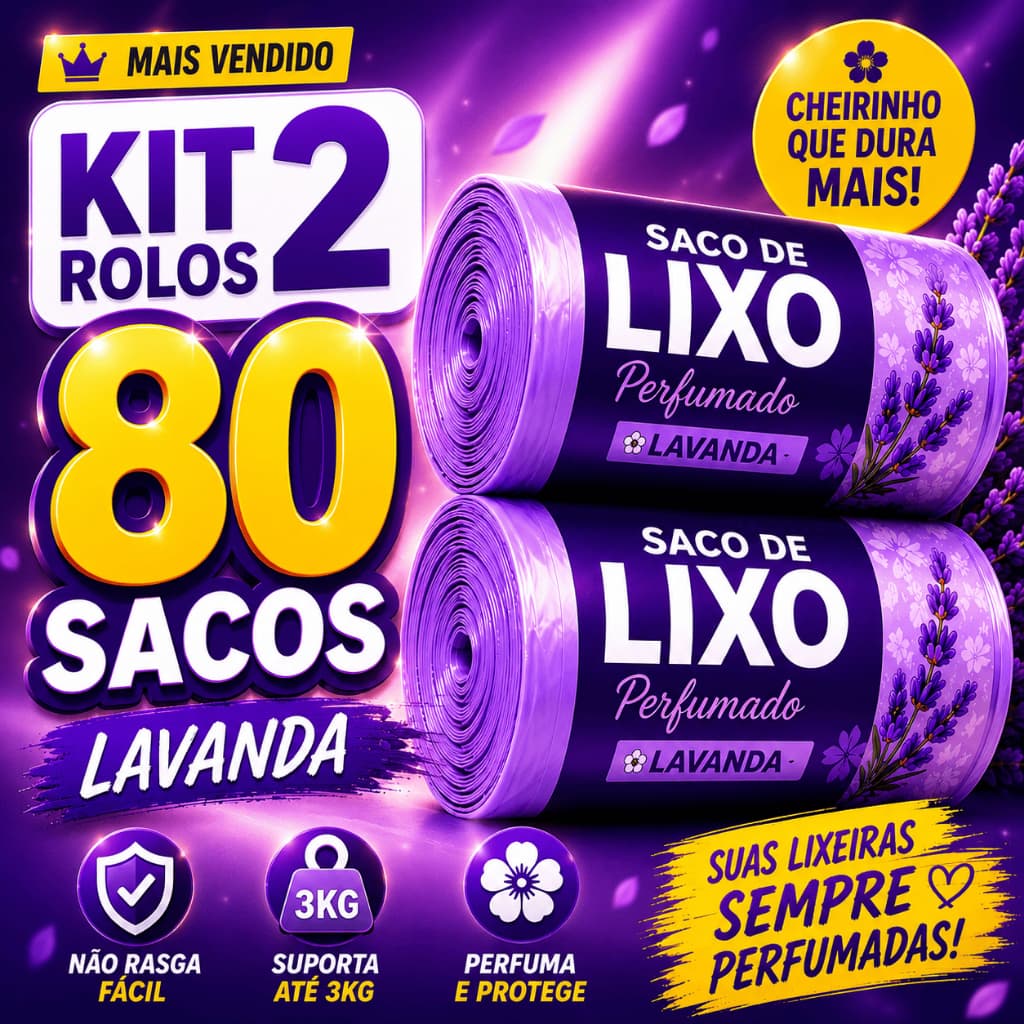 2 Rolos Saco Lixo Perfumado Lavanda 80 Sacos Resistente Para Banheiro Cozinha Lixeira 10L Anti Odor